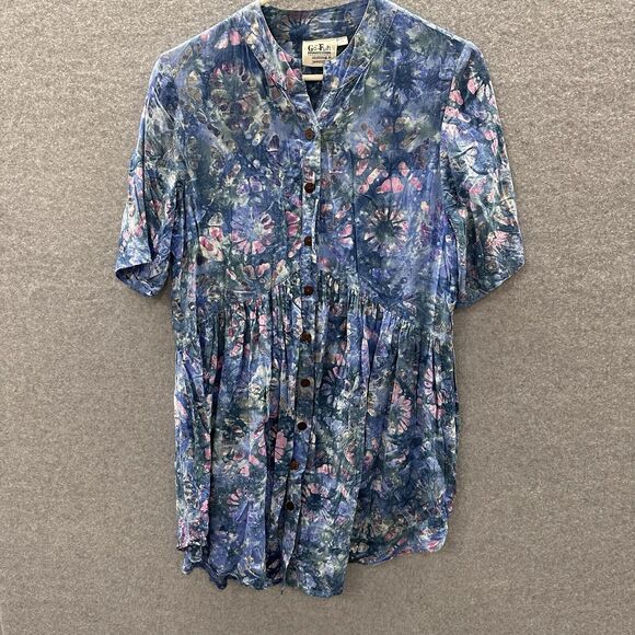 Go Fish Top Womens Small Batik Hand Dyed Artisan Watercolor Front Button S - Picture 1 of 5